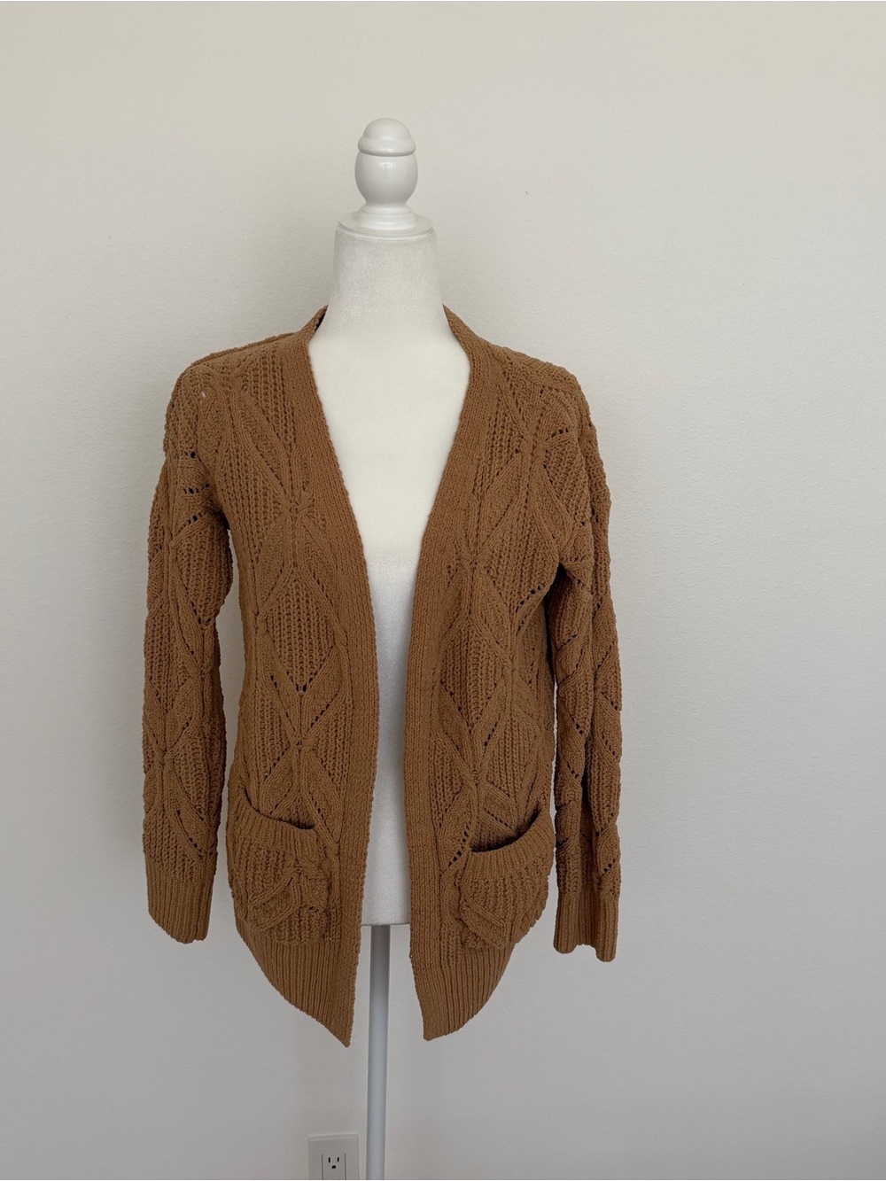 FCT With Love Brown Chenille Open Front Cardigan Sweater Diamond Knit Pocket M